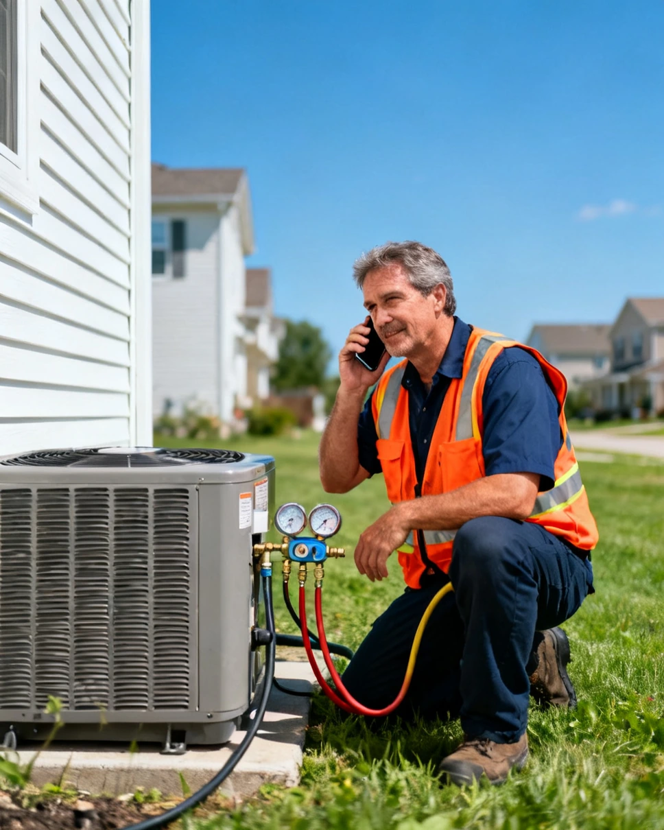 HVAC technician at an outdoor unit taking a phone call